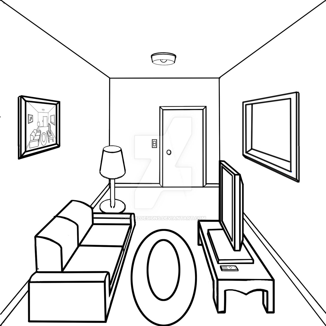 1 Point Perspective Living Room By