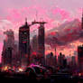 Cyberpunk cityscape with pink clouds