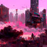 Cyberpunk cityscape with pink clouds