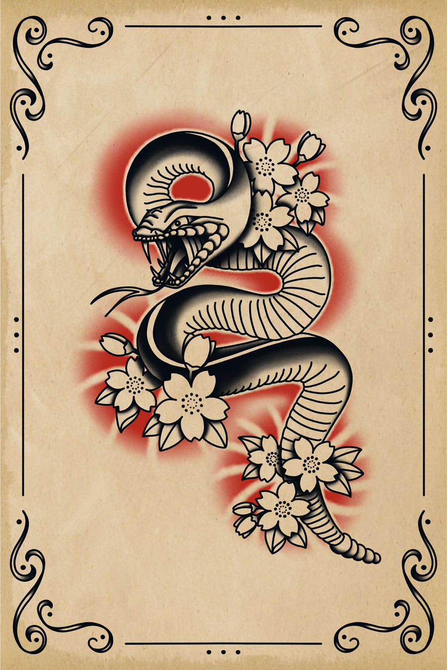 Traditional Snake Cherry Blossom Tattoo by ivebeencalledmax on DeviantArt
