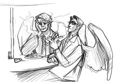 Good Omens: Lounging around.