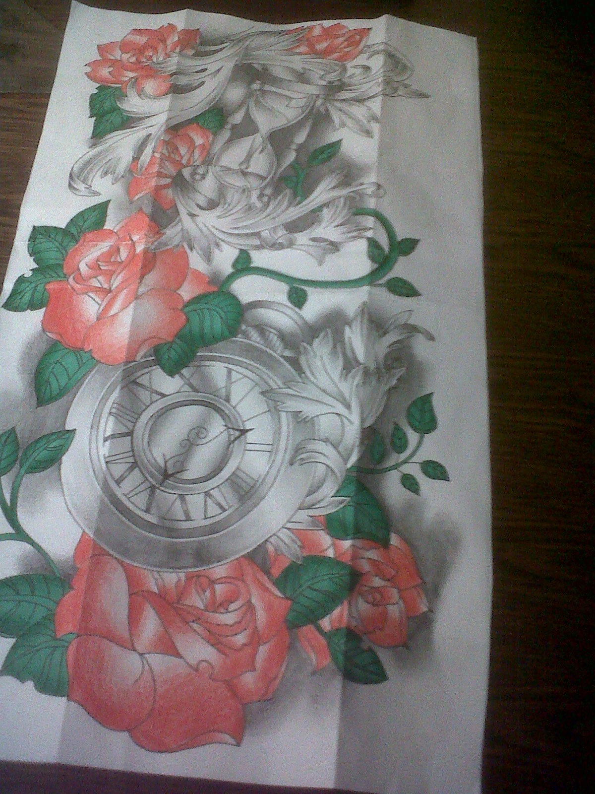 full sleeve tattoo design (time and roses)