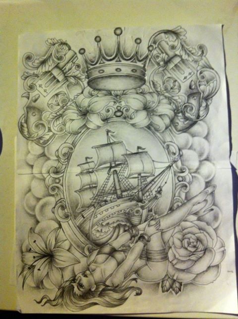 old school tattoo design boat with pinup