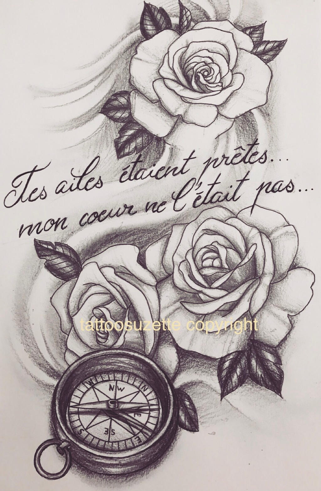 Black and White Rose Compass Tattoo Outlines in Monochrome Style