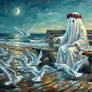 Ghostly Seagull Feeder at Dusk