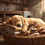 Golden Retriever and Kitten in Laundry Basket