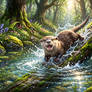 Joyful Otter Sliding Into The Forest Stream