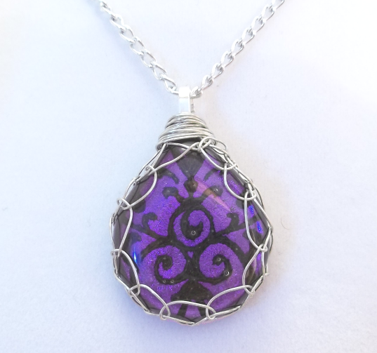 Purple Damask Teardrop Pendant