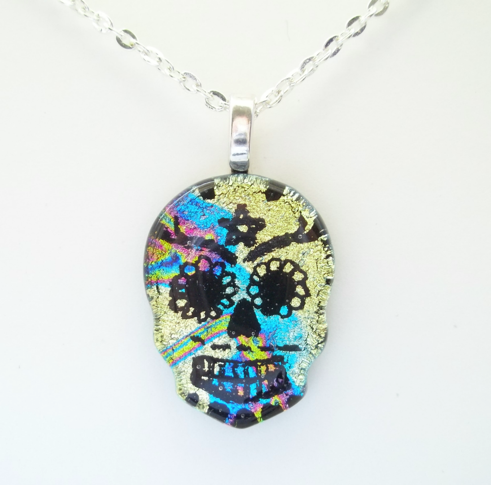 Rainbow Streaks Dichroic Fused Glass Sugar Skull