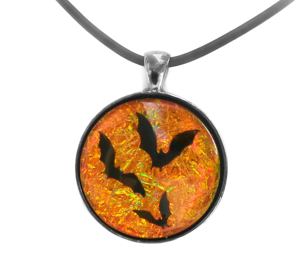 Bats Harvest Moon Iridescent Glass Jewel Pendant