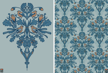 Illustrated Damask - Chaffinch and Oak