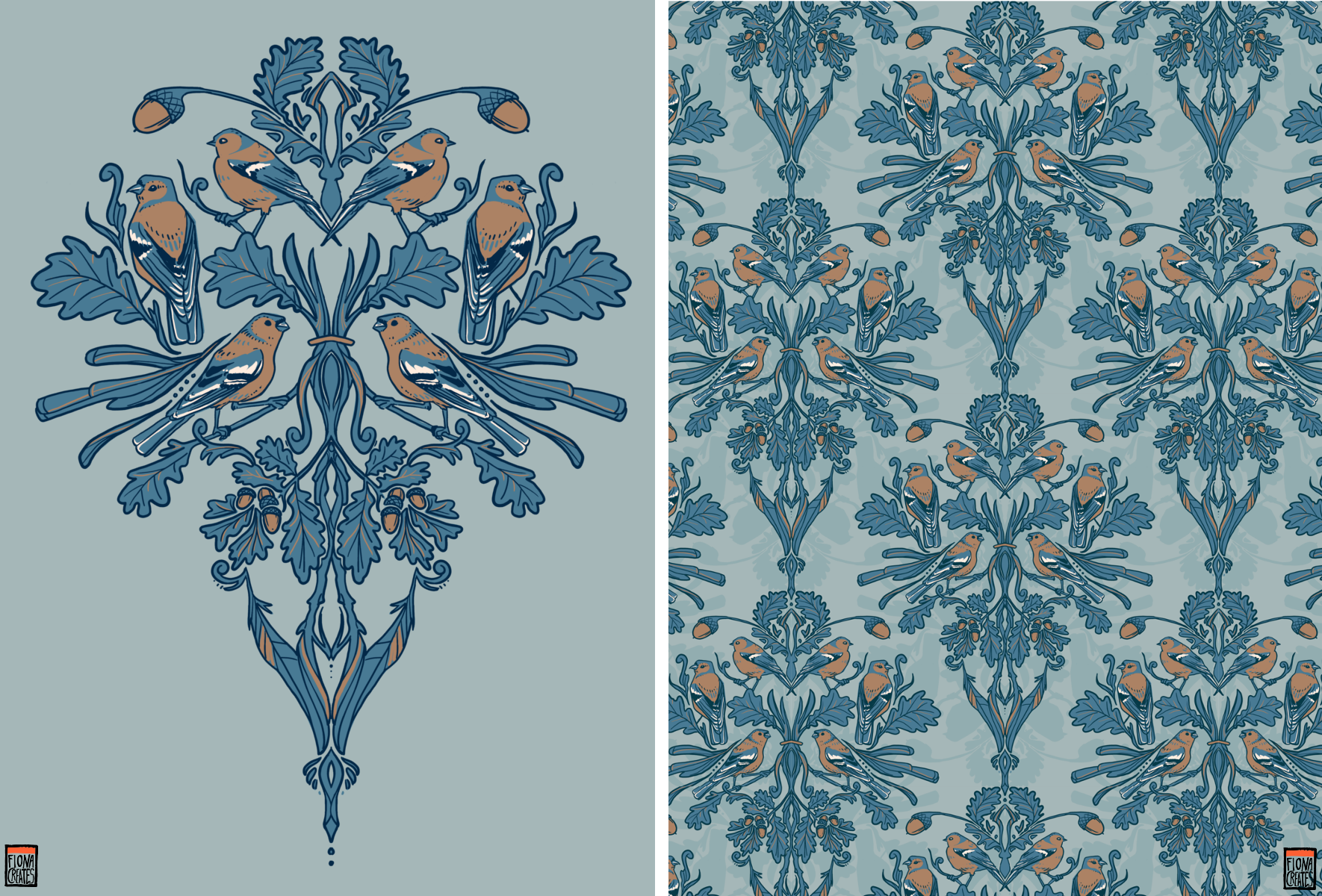 Illustrated Damask - Chaffinch and Oak