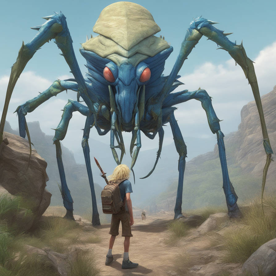 Angry Mantis Insect Joey-stands-looking-at-giant-angry-mantis-far-view by TheSpoonieverseAI ...