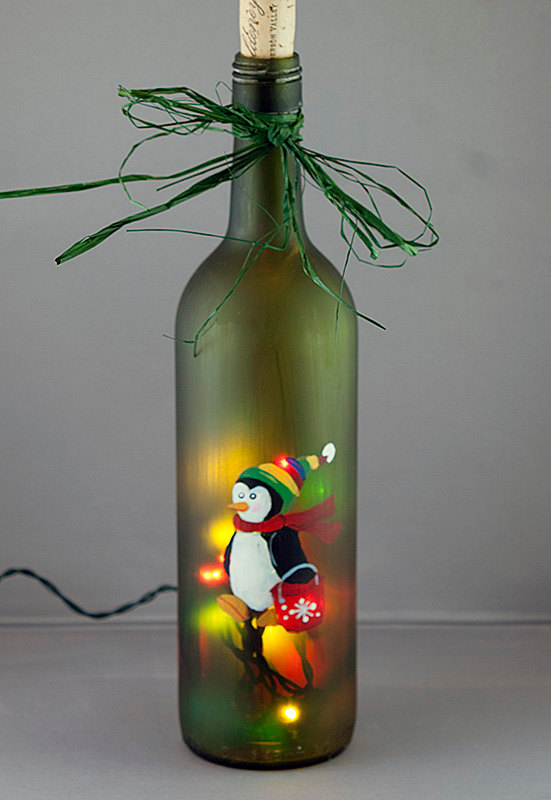 Lighted Wine Bottle Hand Painted Penguin