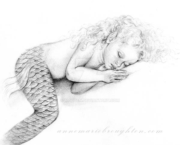PRINT Tranquil Mermaid Art Pencil Drawing Black and White 
