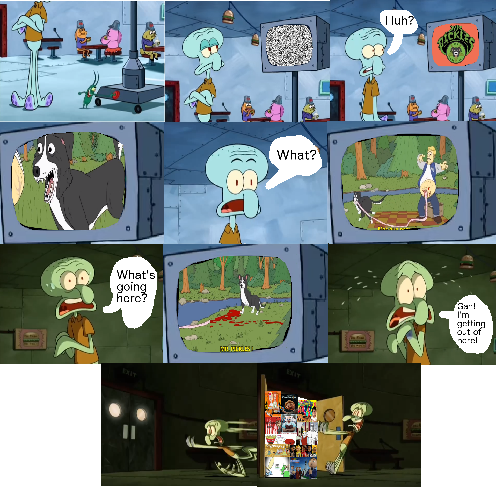 Squidward's reaction to Mr. Pickles