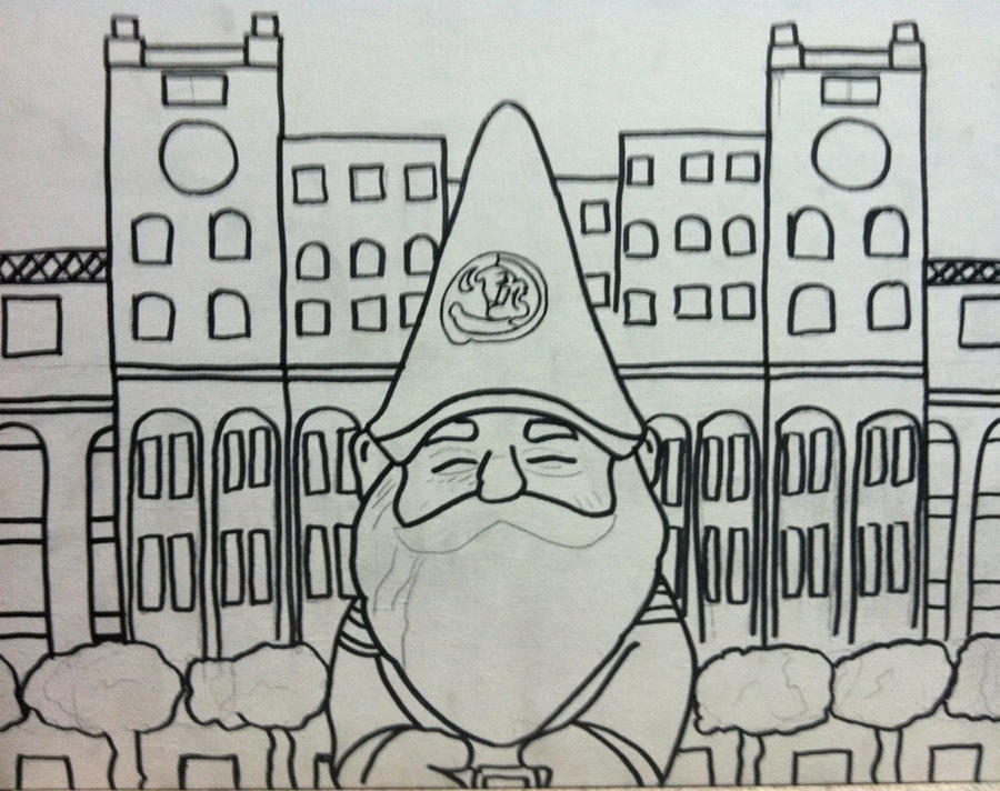 FSU GNOME IN FRONT OF THE DOAK OUTLINE