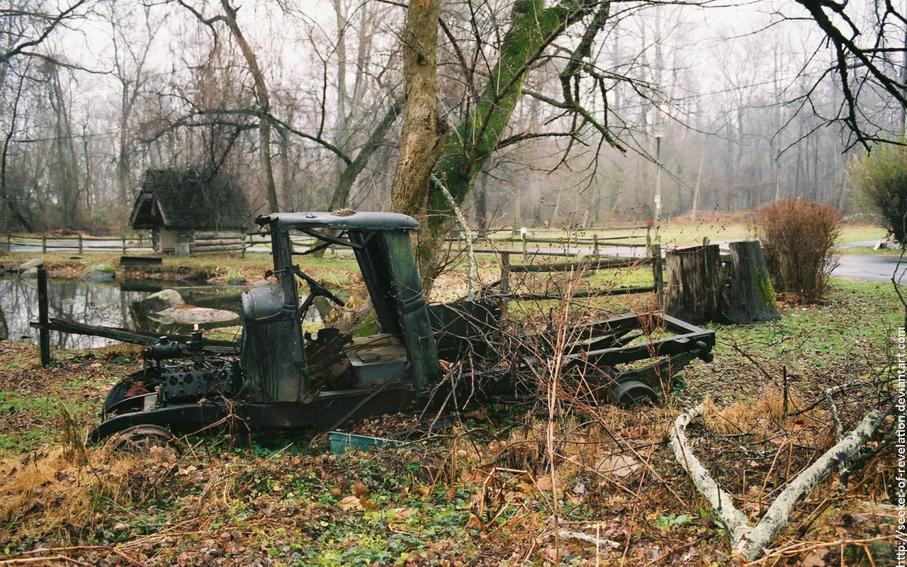 Old truck by a pond