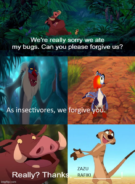 Rafiki and Zazu Forgive Timon and Pumbaa by Gojirafan1994 on DeviantArt