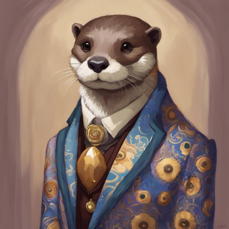 Portrait of an otter with fancy clothing in Klimt