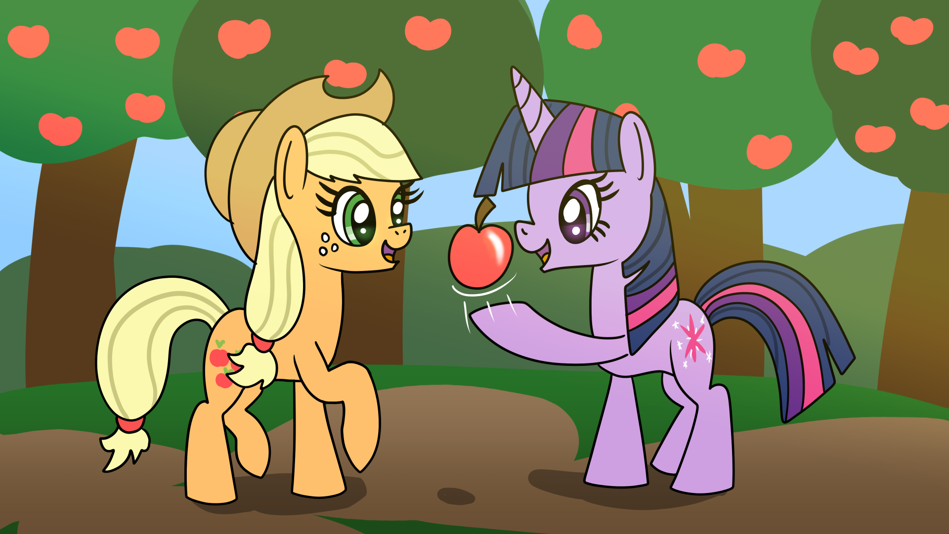Twilight And Applejack And An Apple