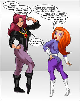Gravity Girl and Miss Vavoom swap costumes
