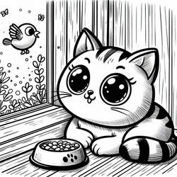 Cartoon cat looking at the bird