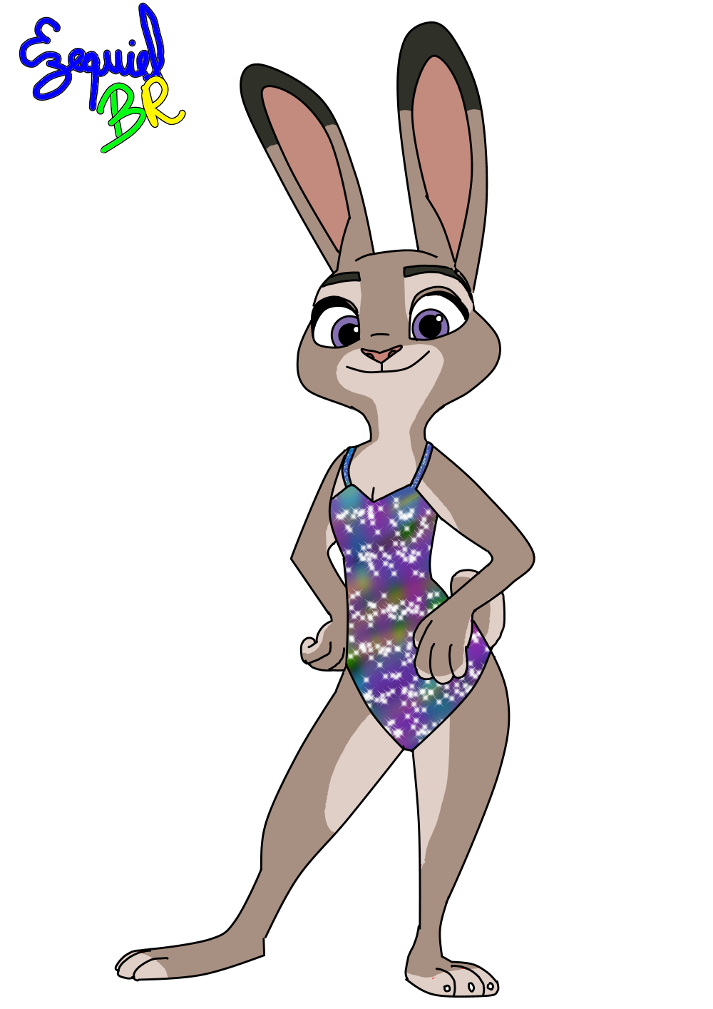 Judy with a fashionable swimsuit