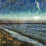 View of storm seascape with lightning and thunder.