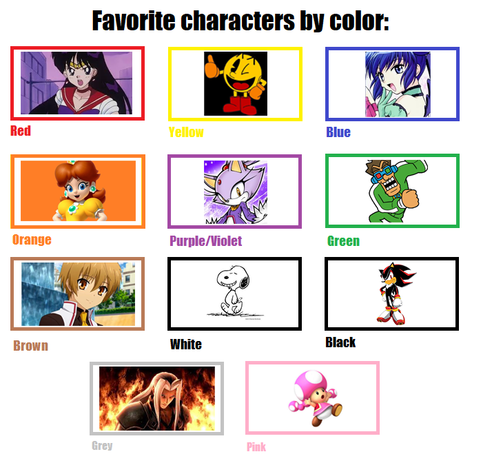 Characters Each Color Favorite Characters by Colors (1) by jlanglet on DeviantArt