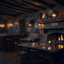 A cozy rustic pub with a wooden bar