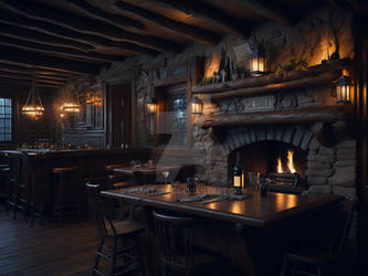 A cozy rustic pub with a wooden bar