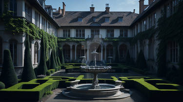 An old English estate with a grand fountain