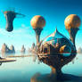 A surreal landscape of floating nightmare objects