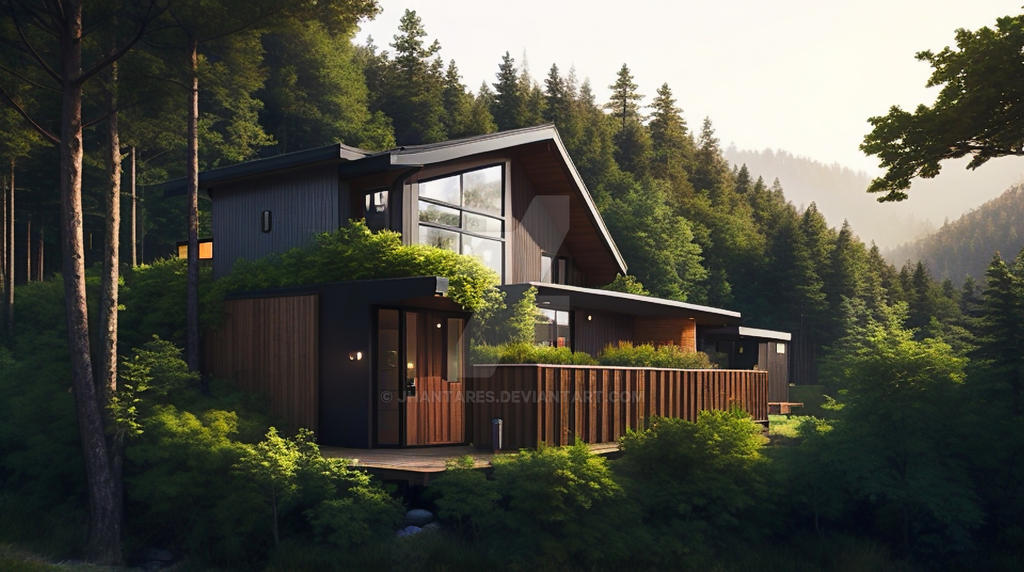 Modern lodge in lush forest by jhantares on DeviantArt
