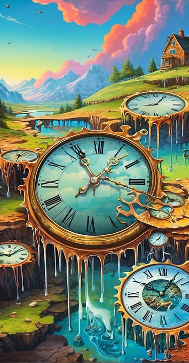 Melting clocks surreal landscape background