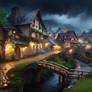 Fairytale village stormy weather rainy night