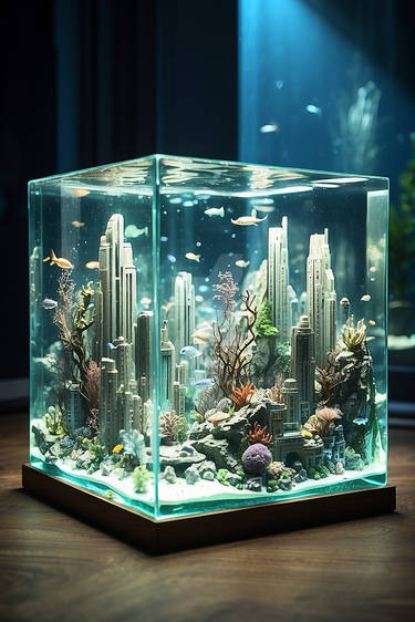 Underwater modern city in a cube glass