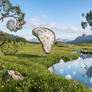A vast landscape with surreal objects