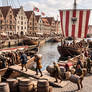 Hanseatic port bustling with medieval trade activity