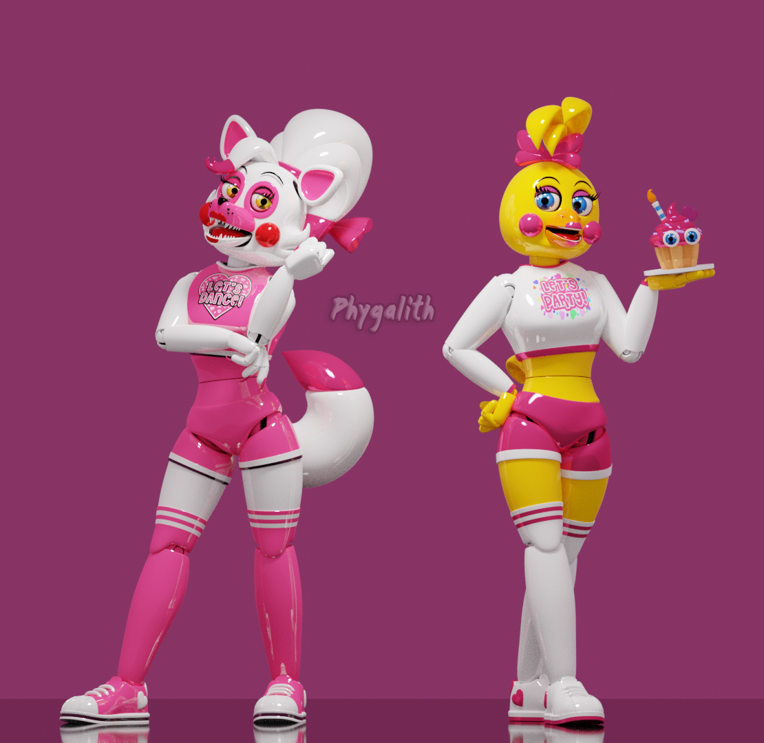 C4D) Stylized Funtime Foxy and Funtime Chica UCN by springSoffia