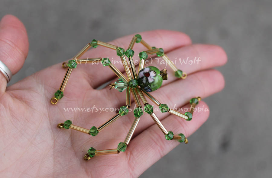 Lg Green and gold cloisonne spider, glass, metal