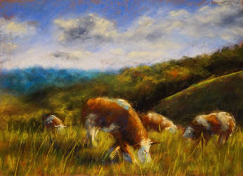 Cows pasturing, Slovenia | Pastel painting