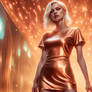 Blonde Lady wearing a Sparkly Copper-Colored Satin