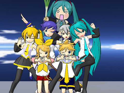 Chibi vocaloids posing a pic.