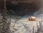 Winter cabin oil painting