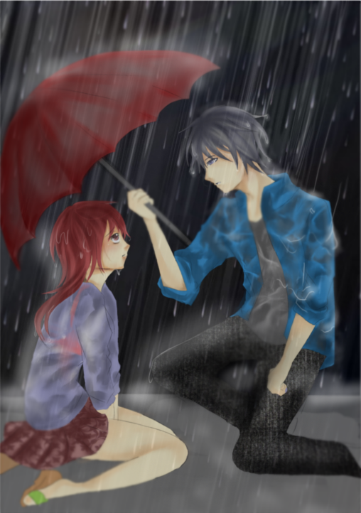 Anime couple in the rain