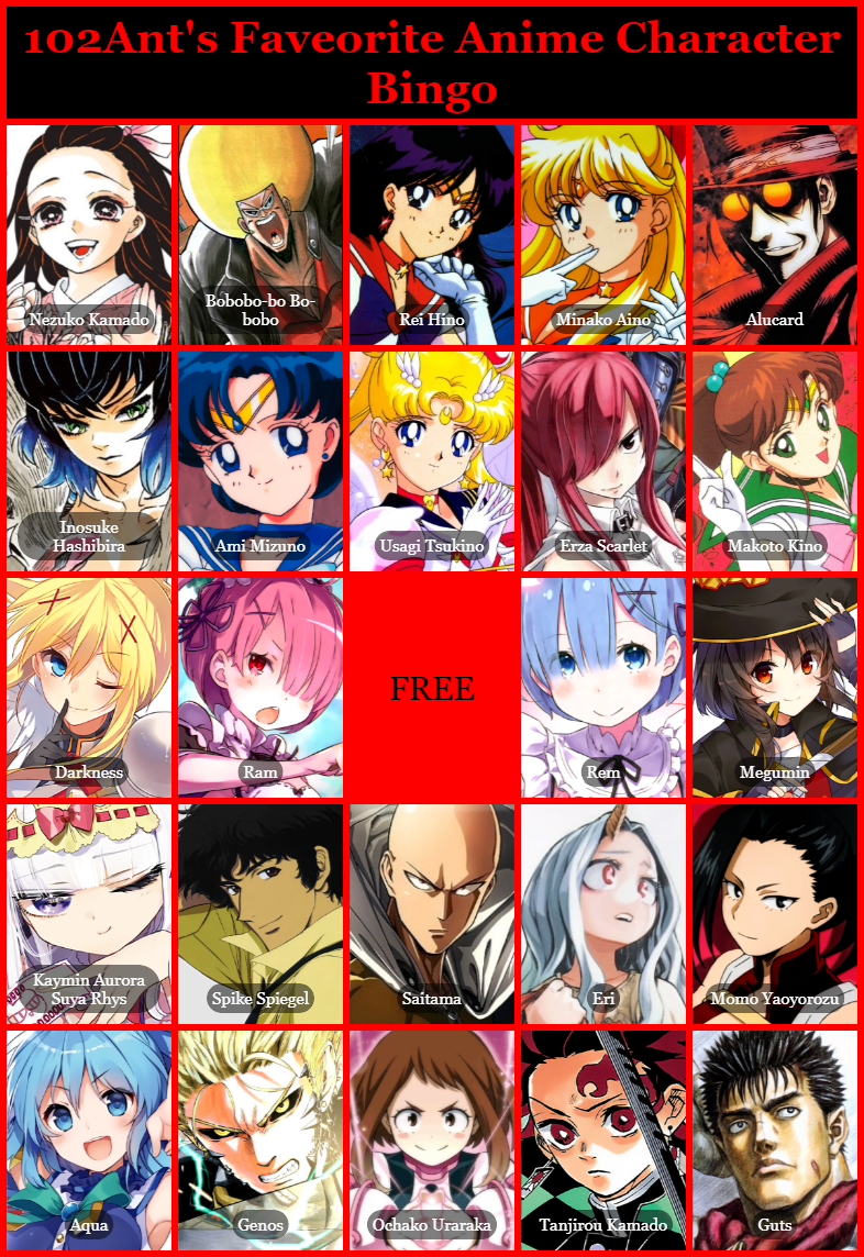 My Favorite Anime Character Bingo by WillaverseCreator on DeviantArt My Favorite Anime Character Bingo by WillaverseCreator on DeviantArt