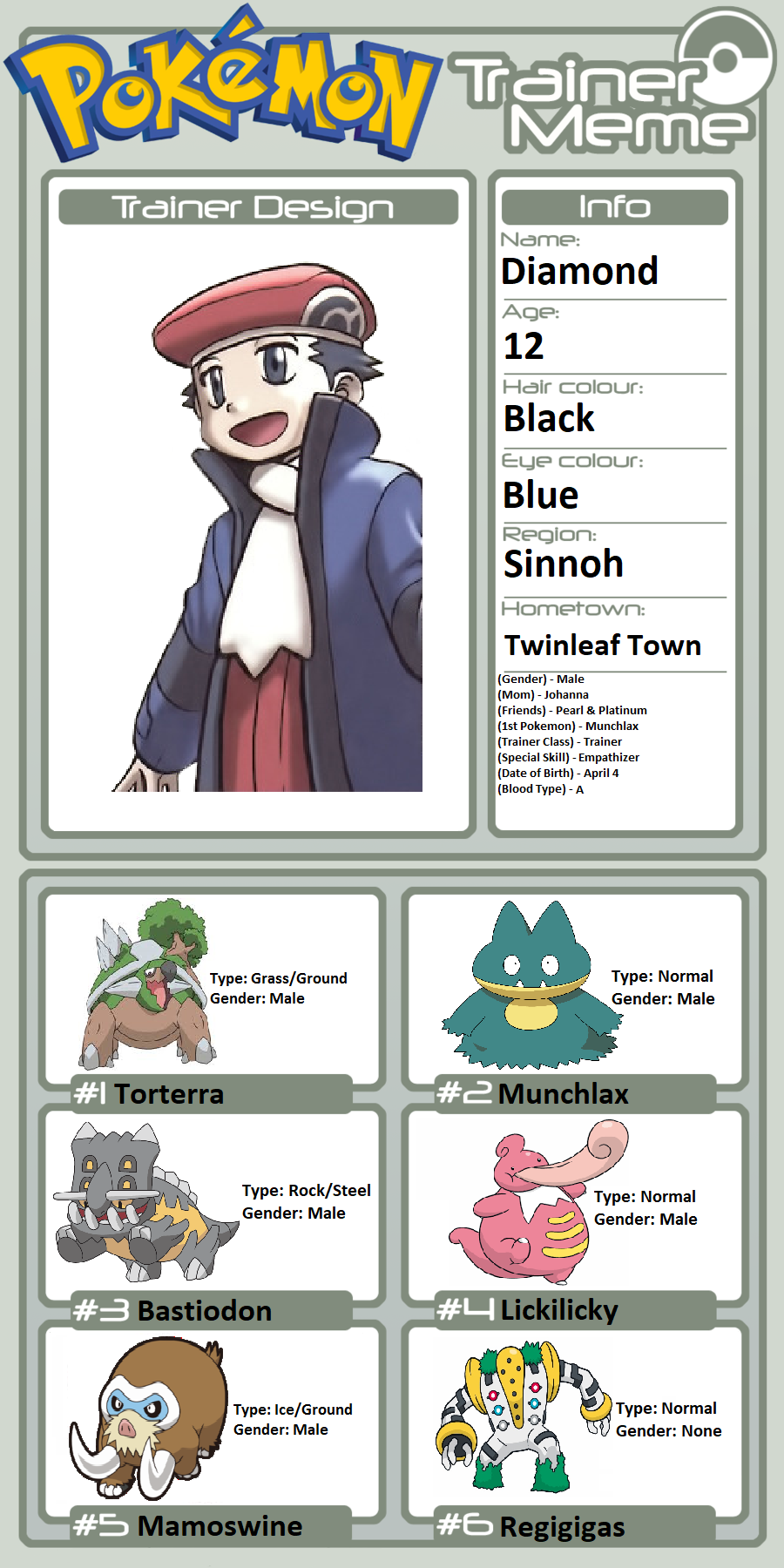 Pokémon Trainer Diamond  Pokemon, Pokemon people, Pokemon special