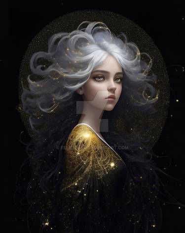 Galaxy Girl with White hair and a gold dress